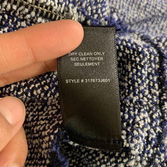 Rebecca Taylor Jacket Womens 4 Blue White Tweed Fringed Trim Full Zip Peplum - Picture 9 of 11